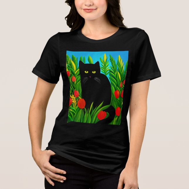 Little Black Cat in a Tulip Garden Tri-Blend Shirt (Front)