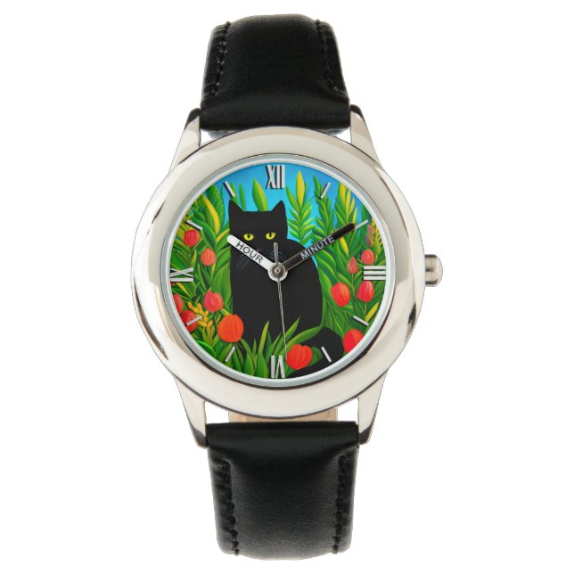 Little Black Cat in a Tulip Garden Watch (Front)