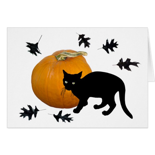 Little Black Cat with Pumpkin Halloween Card (Front Horizontal)