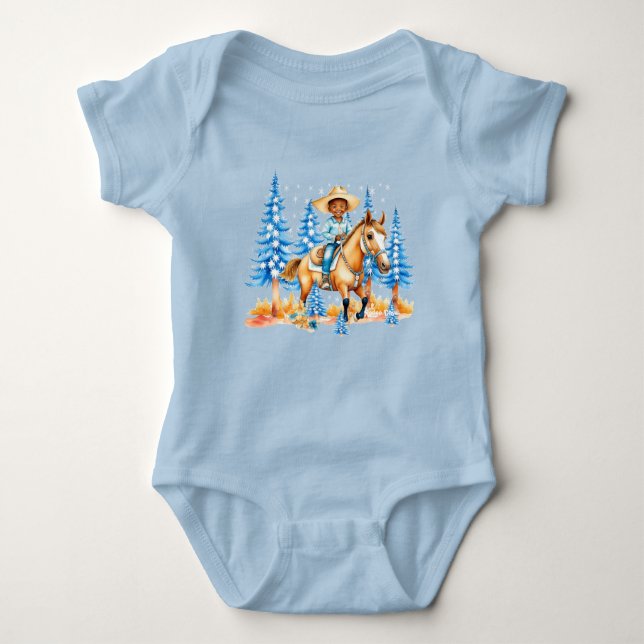 Little Black Cowboy On Horse Winter Scene  Baby Bodysuit (Front)