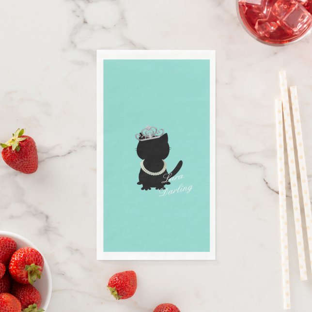 Little Black Dress Teal Blue Cat Tiara Party Napkin (Insitu)