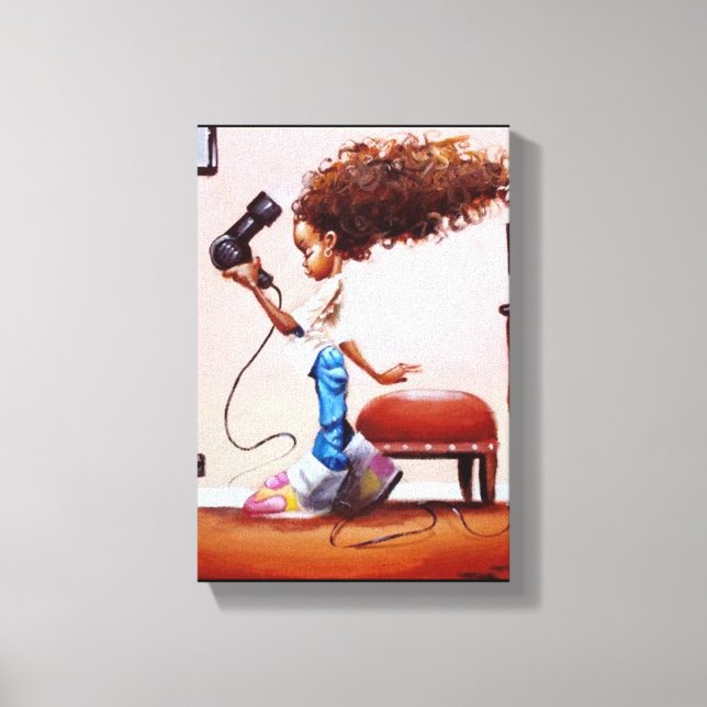 Little Black Girl Blow Drying her hair Canvas Print (Front)