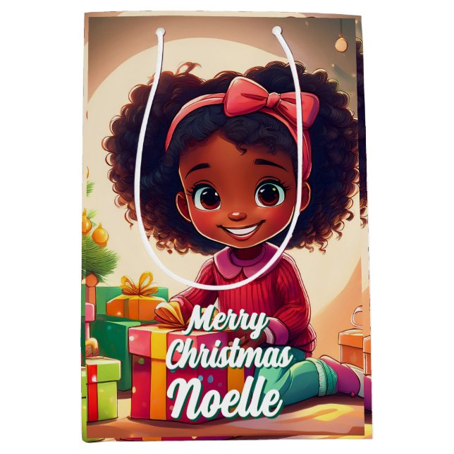 Little Black Girl Opening Gifts Medium Gift Bag (Front)