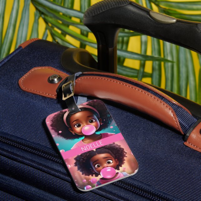 Little Black Girl Popping Pink Bubblegum Luggage Tag (Front Insitu 1)