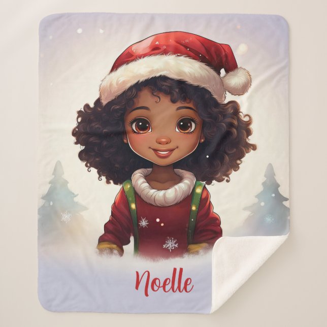 Little Black Girl Wearing Christmas Santa Hat Sherpa Blanket (Front)