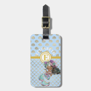 Little Black Mermaid Blue Scales Monogram Girls Luggage Tag