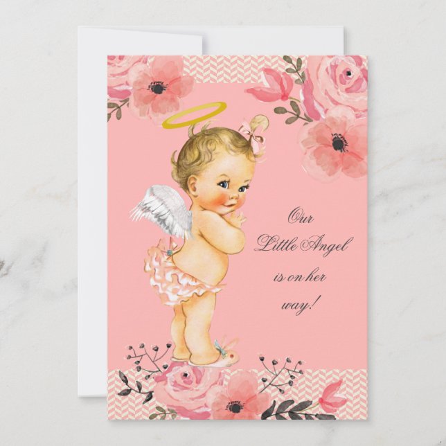 Little Blonde Angel Watercolor Flowers Baby Shower Invitation (Front)