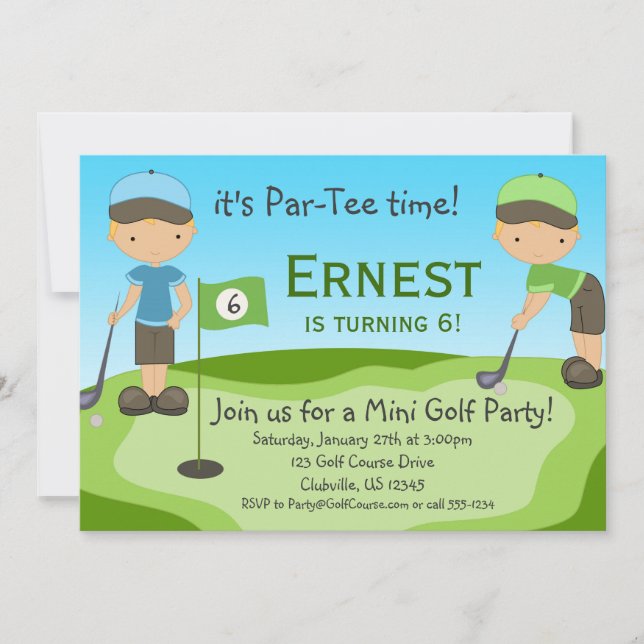 Little Blonde Boy Golfers, Golf Birthday Party Invitation (Front)