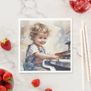 Little Blonde Boy Piano Watercolor Illustration Napkin