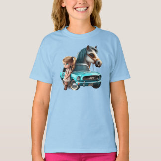 Little Blonde Girl With Mustang Car Pony Horse T-Shirt