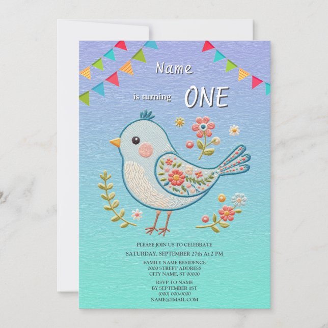 Little Blue Bird Floral Birthday Party Invitation (Front)