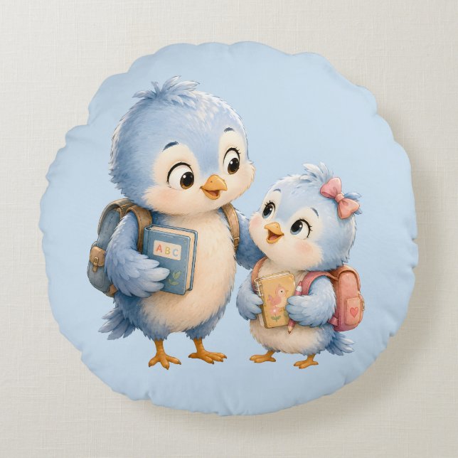 Little Blue Bird Siblings Round Throw Pillow (Front)