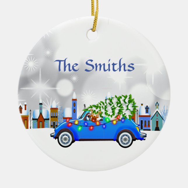 Little Blue Car & Tree Christmas Custom Ceramic Tree Decoration (Front)