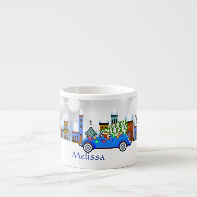Little Blue Car & Tree Christmas Custom Espresso Cup (Front)