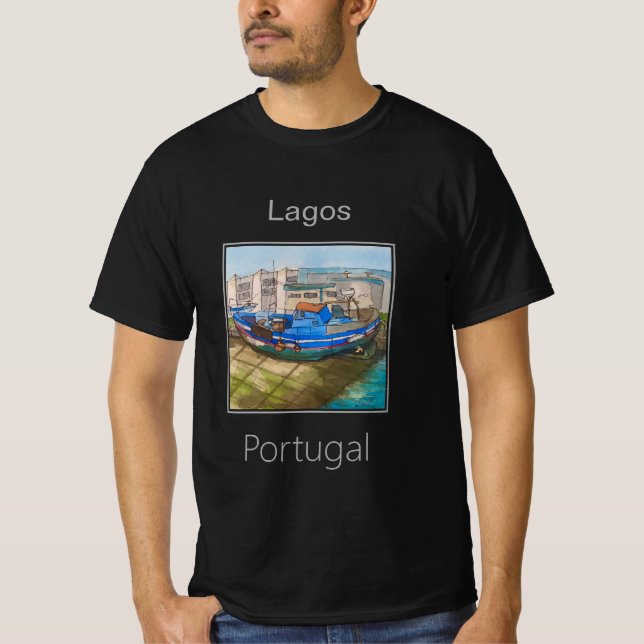 Little Blue Fishing Boat, Lagos, Portugal T-Shirt (Front)