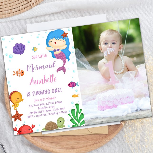 Little Blue Hair Mermaid Invitations with Photo (Little Blue heir Mermaid Invitations with photo)
