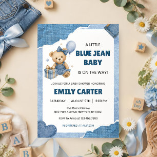 Little Blue Jean Baby Shower Teddy Denim Dress Invitation