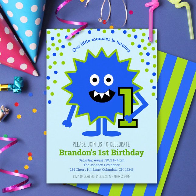 Little Blue Monster Boy 1st Birthday Cute Fun  Invitation (Creator Uploaded)