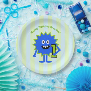 Little Blue Monster Boy Cute 1st Birthday Paper Plate