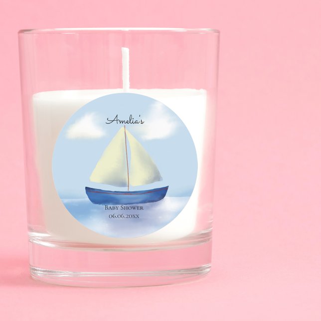 Little Blue Sail Boat Baby Shower Classic Round Sticker (Creator Uploaded)
