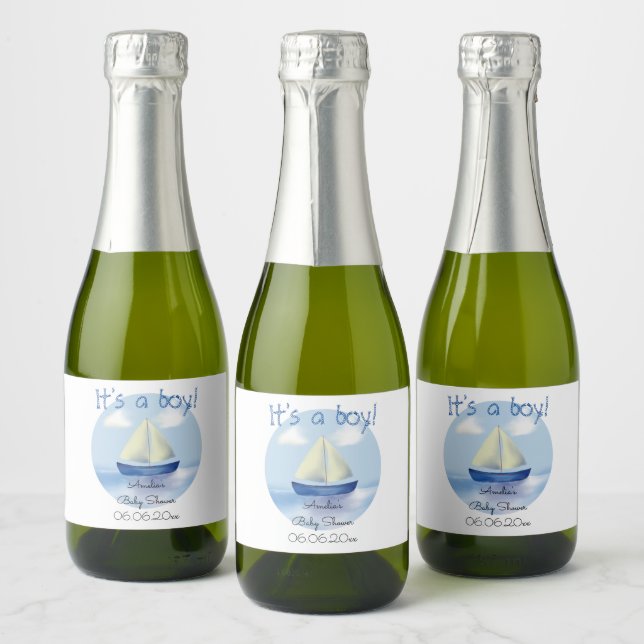 Little Blue Sail Boat Boys Baby Shower Sparkling Wine Label (Bottles)