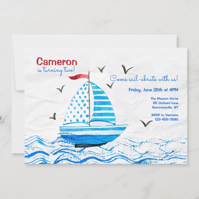 Little Blue Sailboat Birthday Invitation (Front)