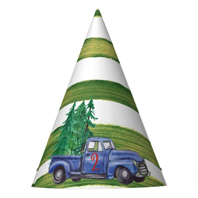 Little Blue Truck Inspired Birthday - Green Stripe Party Hat (Front)