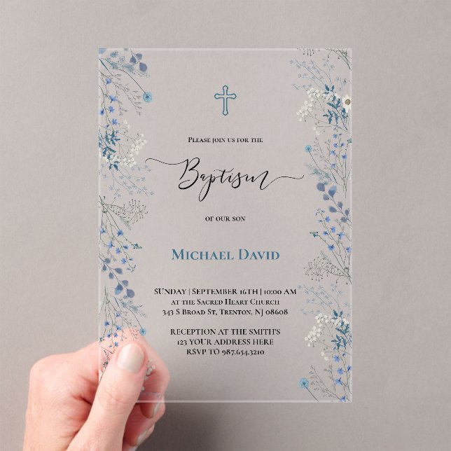  little blue watercolor flowers Baptism Acrylic Invitations (Insitu (Handheld))