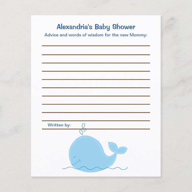 Little Blue Whale Flyer Baby Shower Advice Cards (Front)