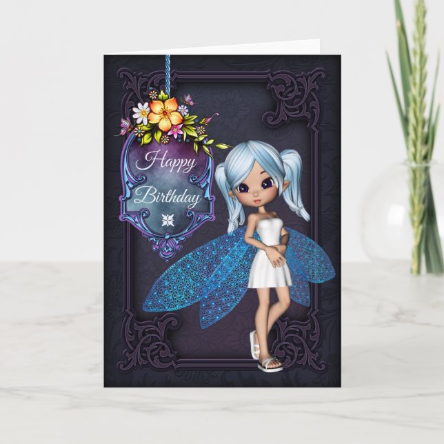 Little Blue Wing Fairy Happy Birthday Card 1 (Front)