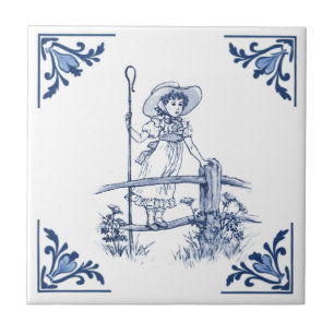 Little Bo Peep Shepherdess Girl Delft Blue & White Tile