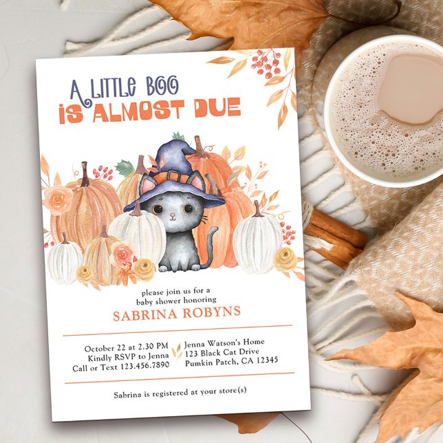 Little Boo Almost Due Cat in Witch Hat Baby Shower Invitation (Little Boo Baby Shower invitation with cute black cat in pumpkin patch)