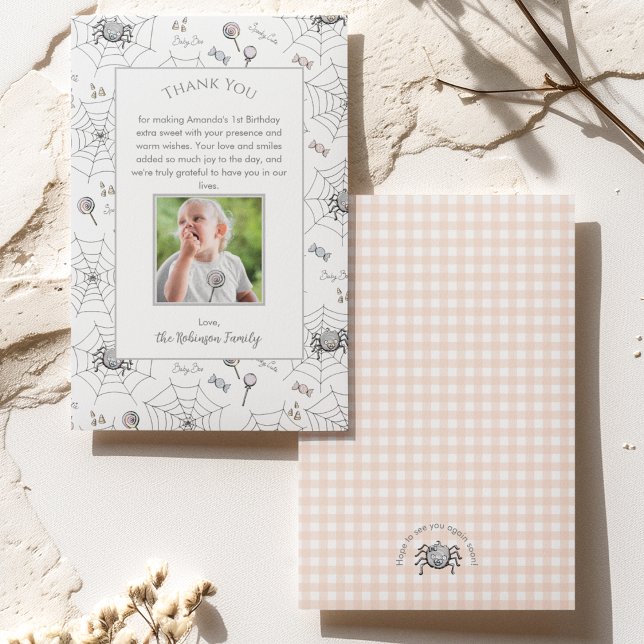 Little Boo Baby Halloween Spiders Thank You Card (Cute Baby Spider, Webs, Candy & Lollipops Photo Thank You Card for October Birthday & Orange Gingham)