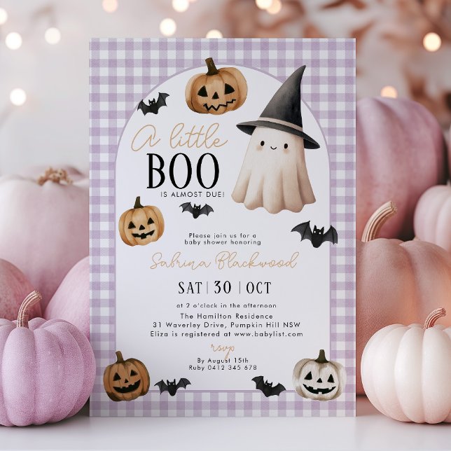 Little Boo Baby Shower Purple Ghost Pumpkin Invitation (A little Boo is almost due! purple halloween themed baby shower invitation with ghost and pumpkins)