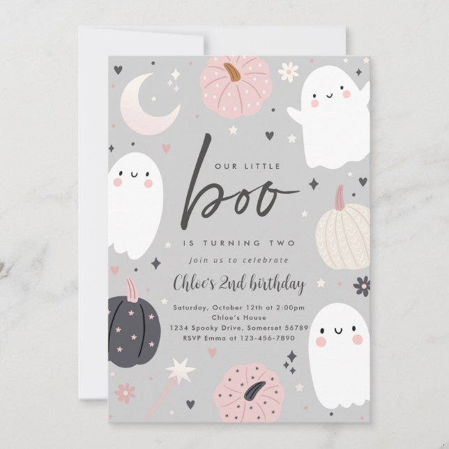 Little Boo Boho Halloween Ghost 2nd Birthday Party Invitation (Front)