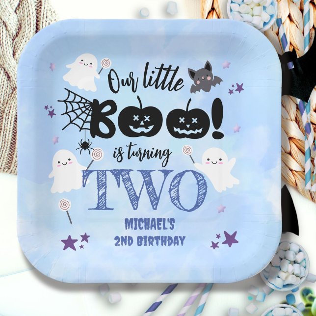 Little Boo! Cute Blue Boy Halloween 2nd Birthday Paper Plate (Creator Uploaded)