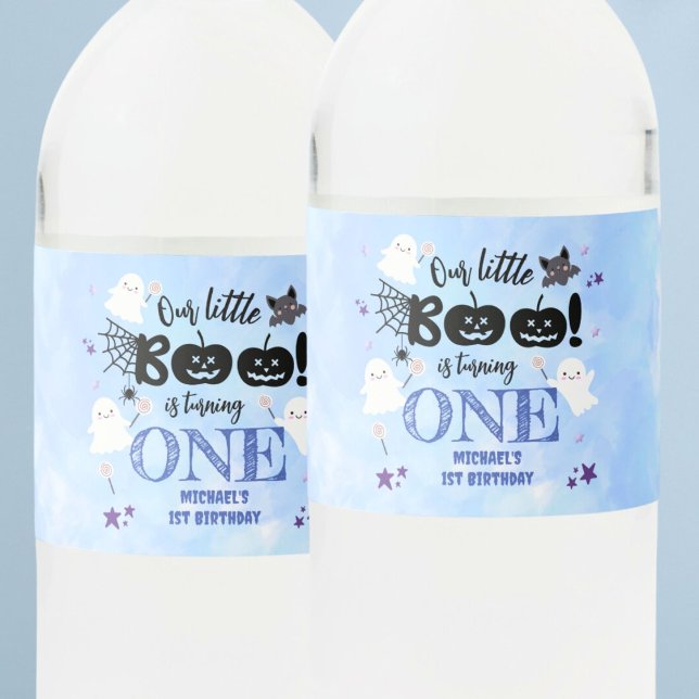 Little Boo! Cute Boy Spooky Halloween 1st Birthday Water Bottle Label (Creator Uploaded)