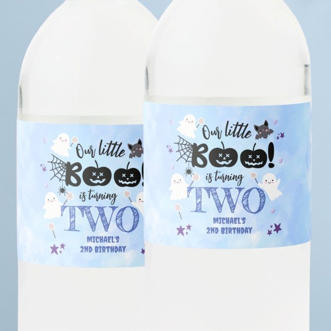 Little Boo! Cute Boy Spooky Halloween 2nd Birthday Water Bottle Label (Creator Uploaded)