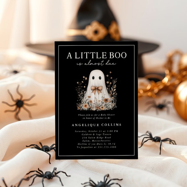 Little Boo Cute Ghost Bow Wildflowers Baby Shower Invitation (A Little Boo is Almost Due - Ghost and wildflowers Baby Shower Invitation)