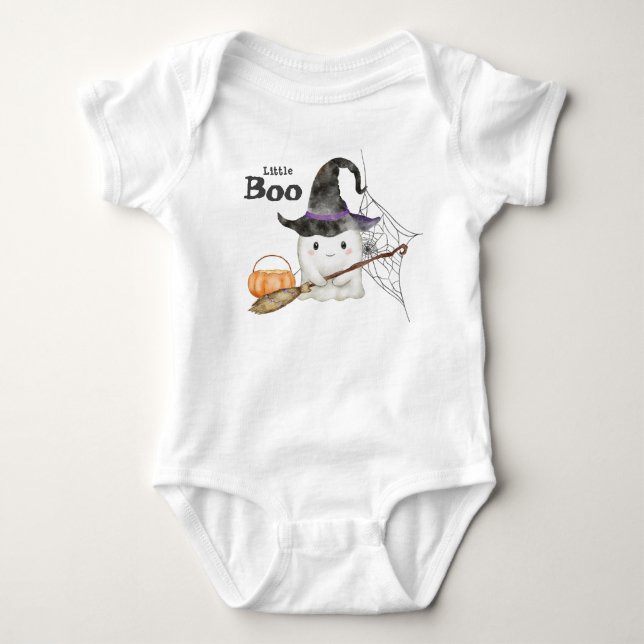 Little Boo Cute Ghost Halloween 1st Birthday Baby Bodysuit (Front)