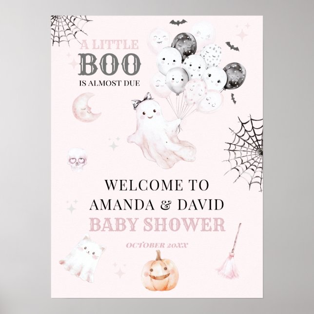 Little Boo Cute Ghost Halloween Baby Girl Shower Poster (Front)