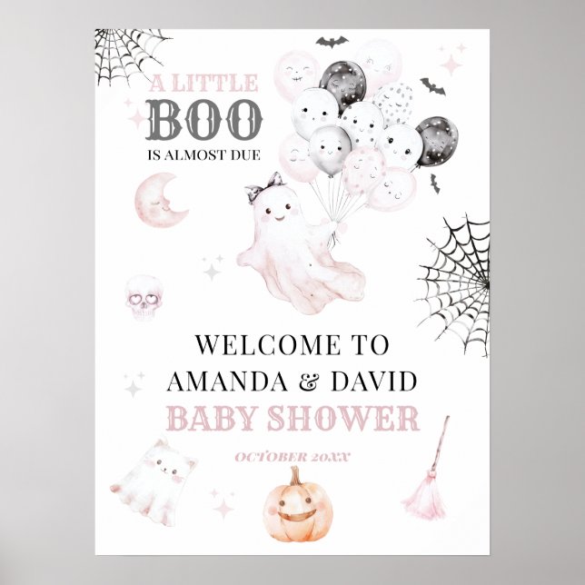 Little Boo Cute Ghost Halloween Baby Girl Shower Poster (Front)