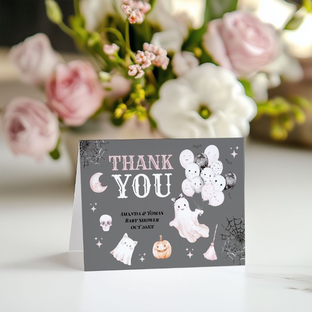 Little Boo Cute Ghost Halloween Baby Girl Shower Thank You Card (Creator Uploaded)