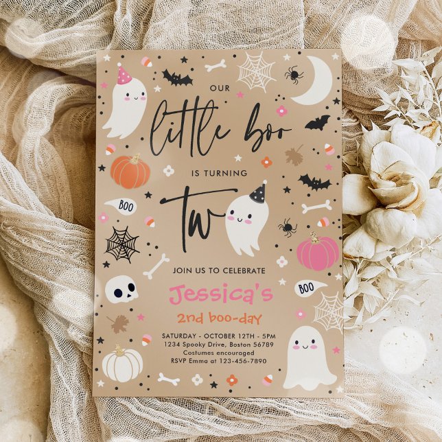 Little Boo Cute Pink Ghost 2nd Birthday Party Invitation (Creator Uploaded)