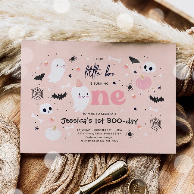 Little Boo Cute Pink Ghost Halloween 1st Birthday Invitation (Creator Uploaded)