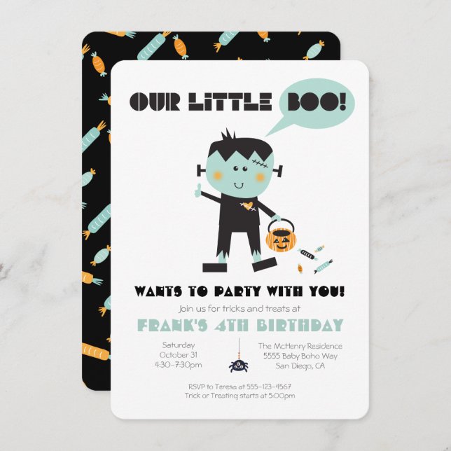 Little Boo Frankenstein Halloween Birthday Party Invitation (Front/Back)