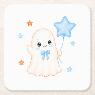 Little Boo Ghost Boy Halloween Baby Shower Square Paper Coaster