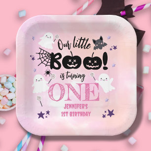 Little Boo! Girl Pink Cute Halloween 1st Birthday Paper Plate