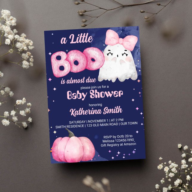 Little boo Halloween baby girl ghost baby shower I Invitation (Little boo baby girl ghost pink pumpkin Halloween baby shower invitation template instant download )