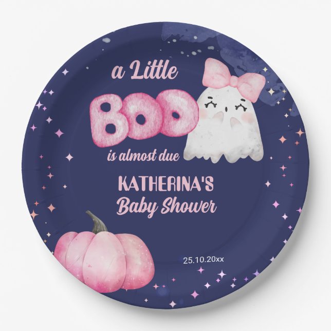 Little boo Halloween baby girl ghost baby shower Paper Plate (Front)